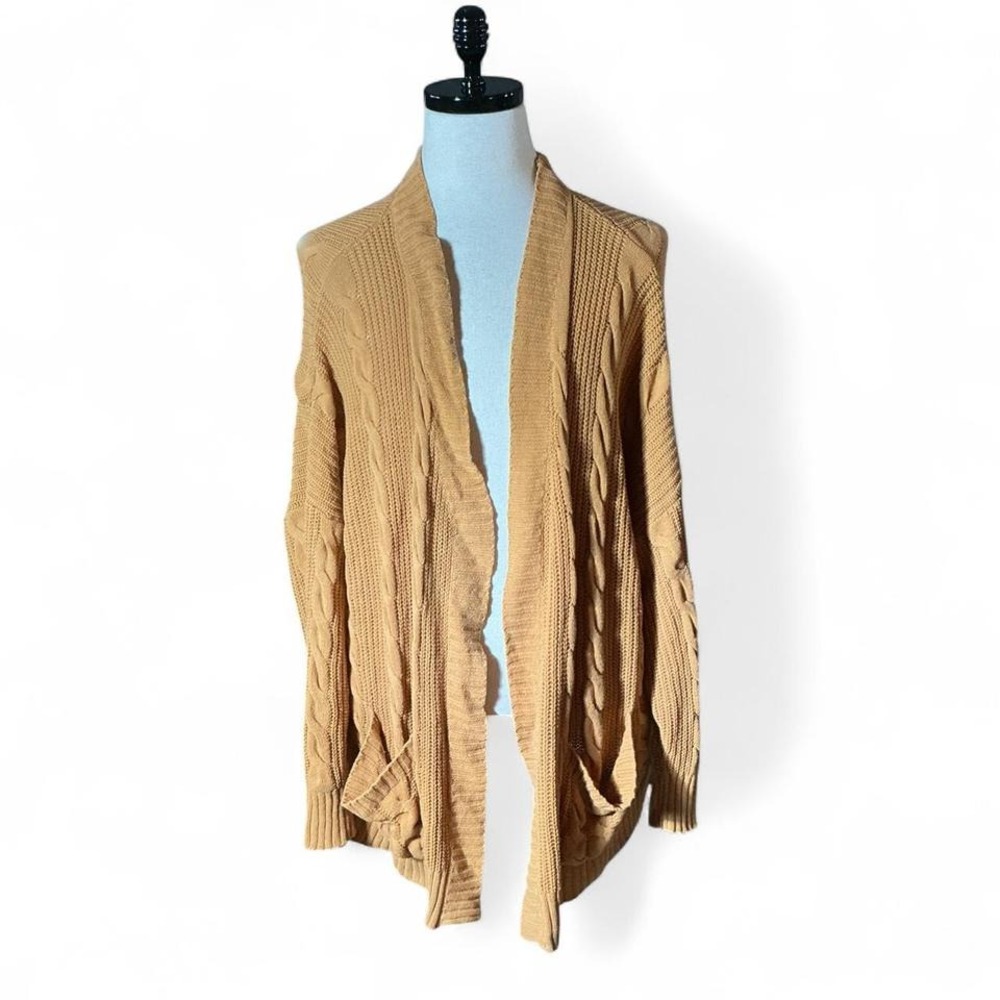 VICI Cable Knit Cocoon Open Front Cardigan Sweater Women S M Tan Pockets Coastal
